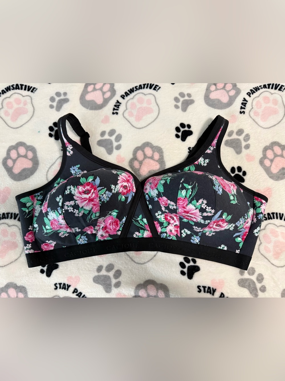 Cacique Black Bra with Pink & Green Floral Print - 48DDD